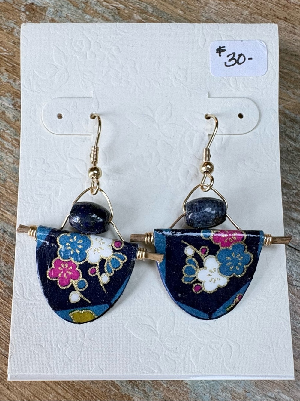 Artisan Navy Floral Drop Earrings with Pink & Blue Accents
